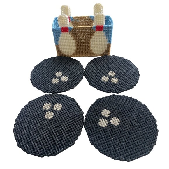 Bowling Themed Handmade Plastic Canvas Coaster Set Holder - Picture 2 of 7